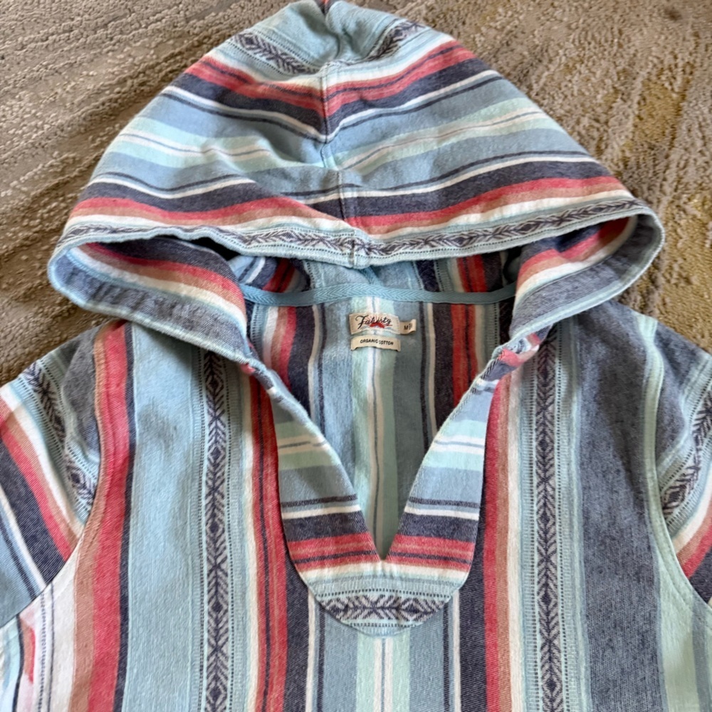 Faherty Baja Poncho sweater pullover hood stripe blue organic cotton medium - Picture 6 of 12